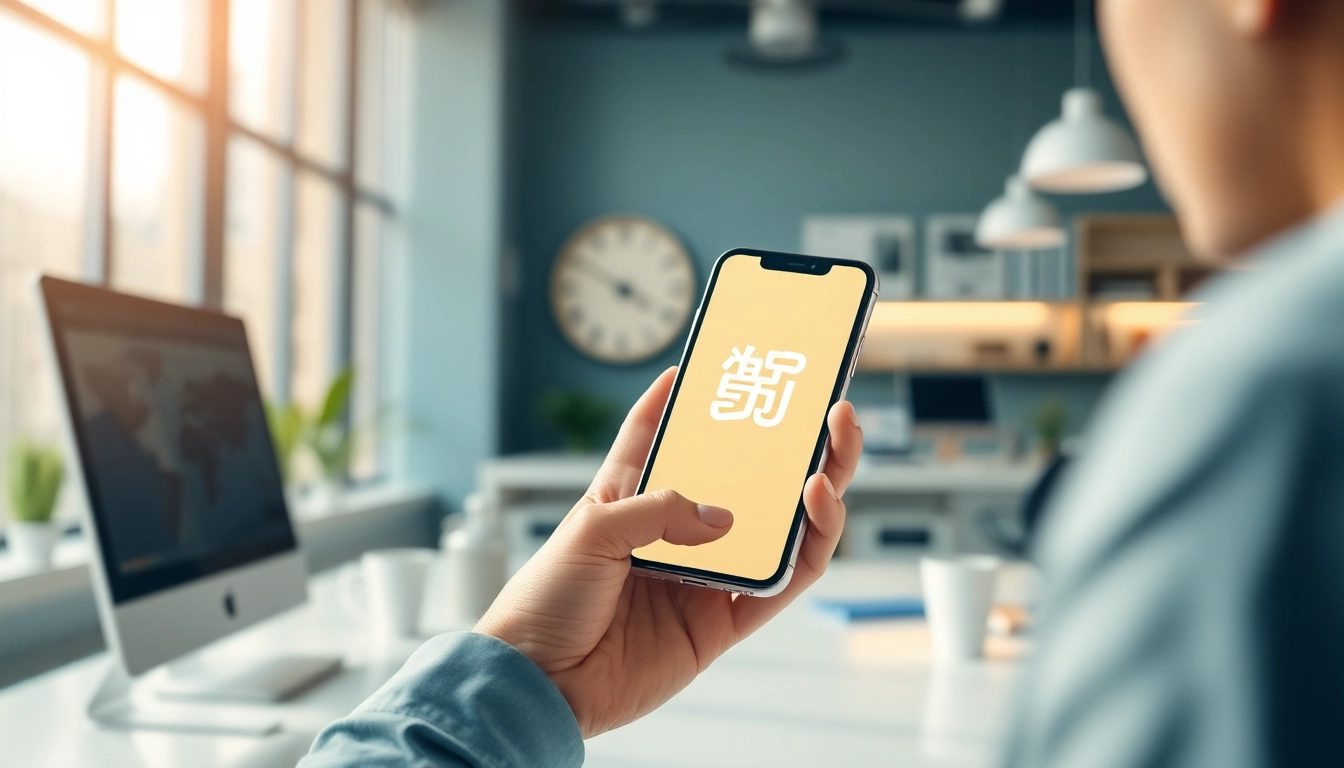 Download the 美洽 app in a modern workspace, showcasing user satisfaction and efficiency.
