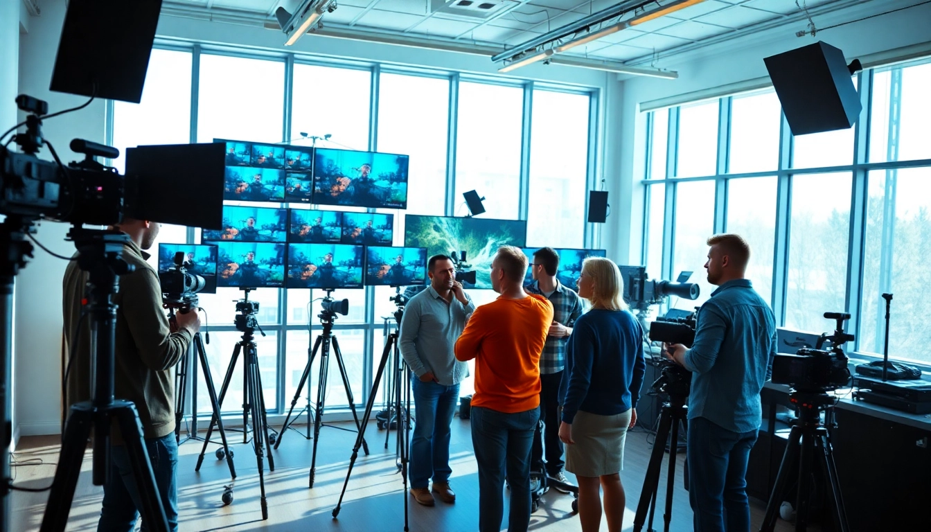 Filmmakers collaborating in a studio, exemplifying edmonton production companies' creative energy.