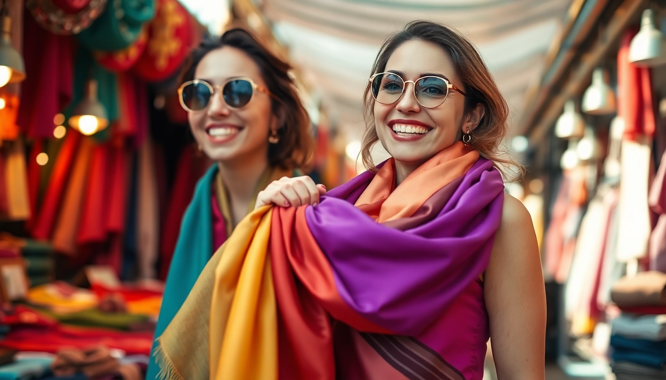A woman showcasing vibrant scarves, highlighting colors and textures in a lively outdoor market scene.