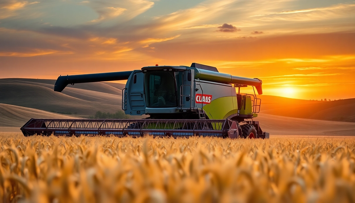 Claas Mähdrescher auf einem goldenen Weizenfeld bei Sonnenuntergang