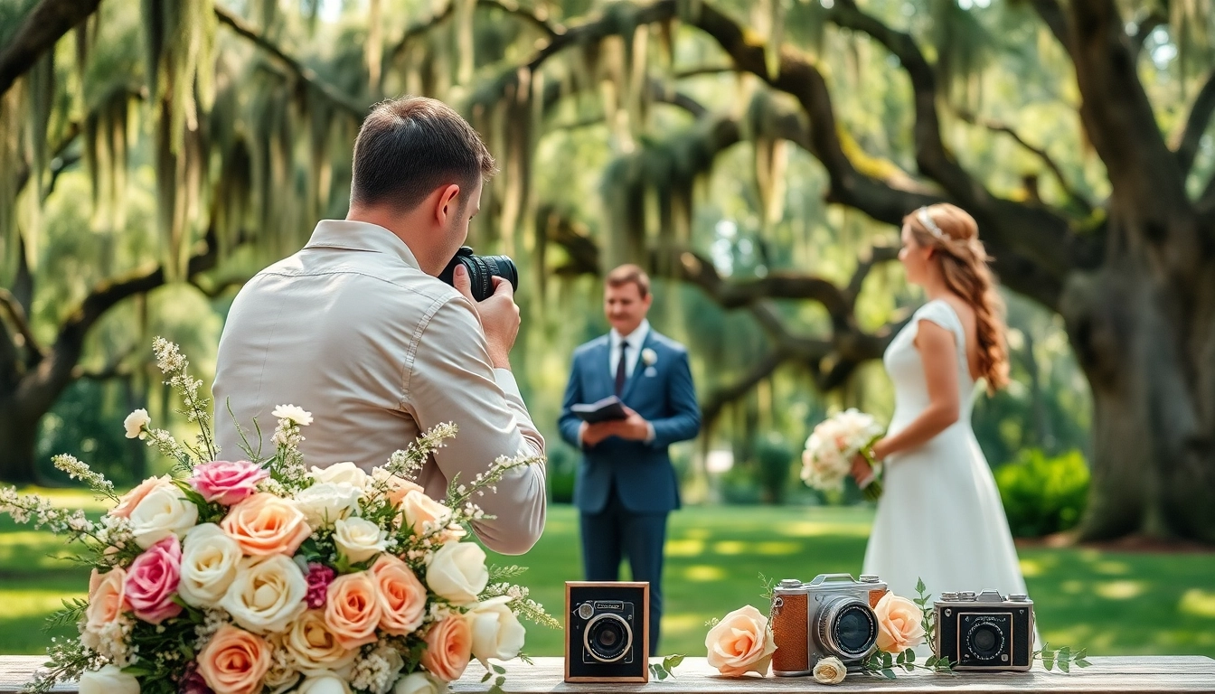 Tallahassee Wedding Photographer capturing a couple's joyful outdoor vows amidst beautiful greenery.