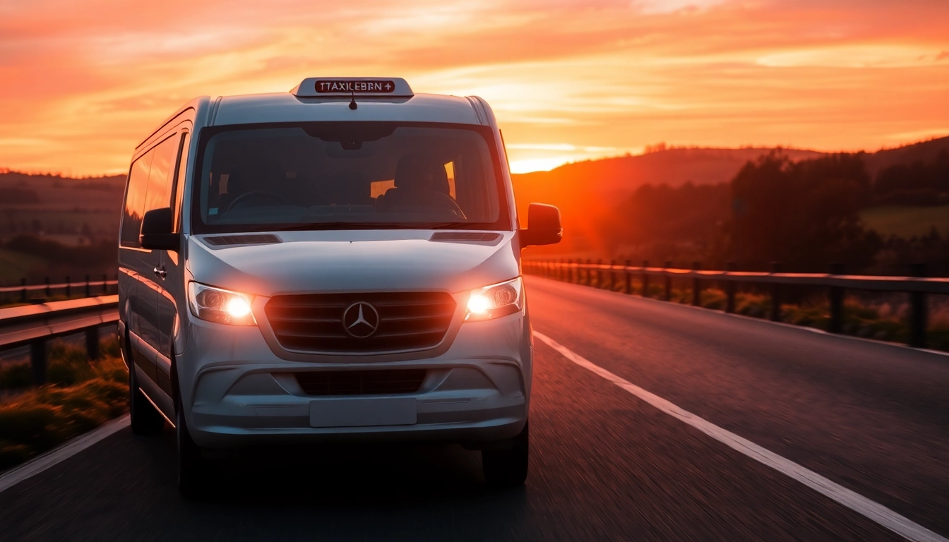 Airport transfers Sowerby Bridge showcase a luxurious vehicle driving through a scenic sunset route.