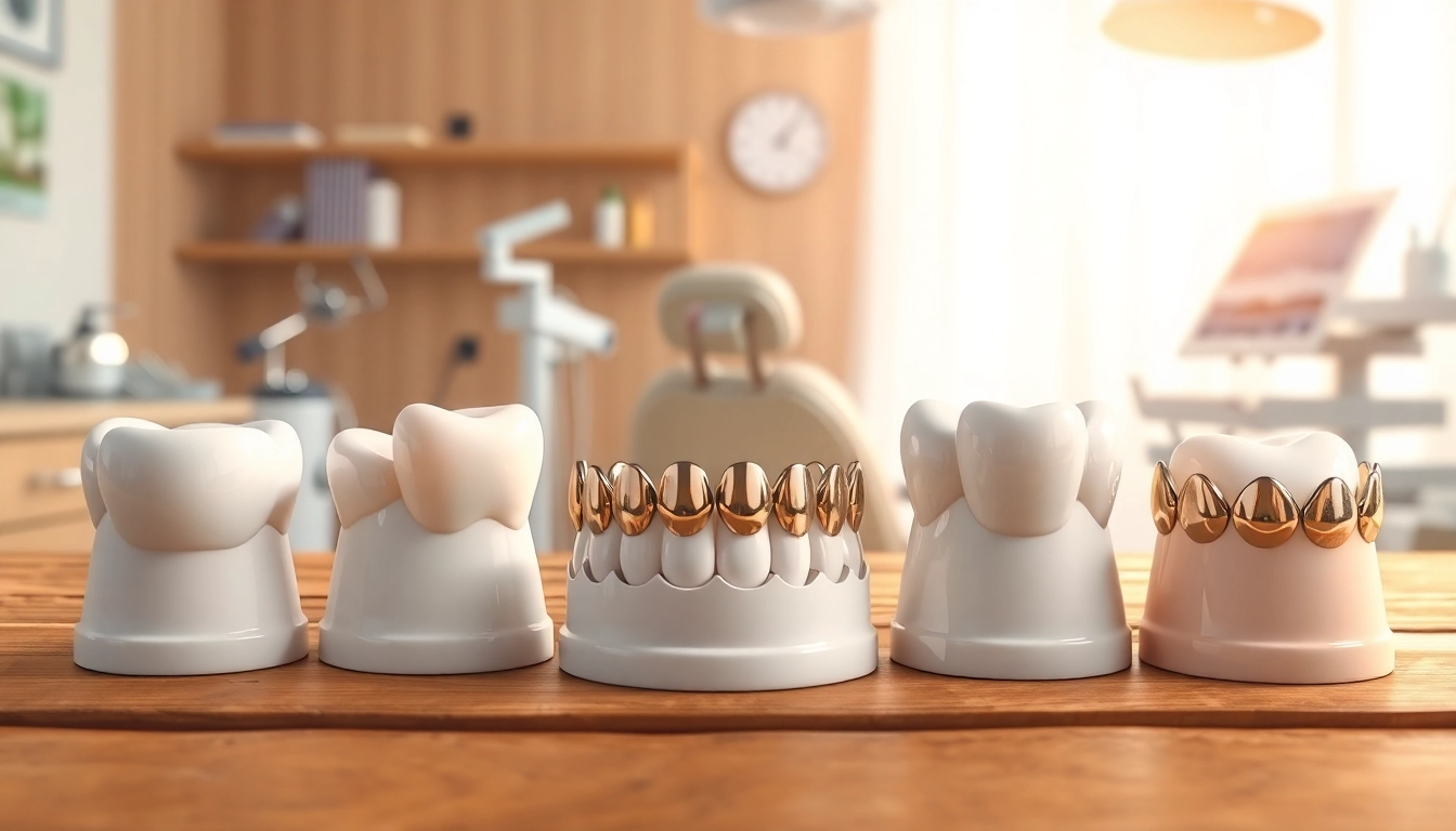 Examine various crowns used in dentistry featuring their detailed designs and finishes.