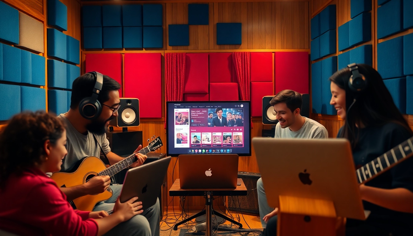Musicians collaborating on a vibrant Music streaming platform in a modern studio.
