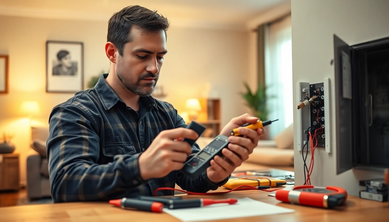 Electrician examining a circuit panel in a residential setting showcasing expert skills.