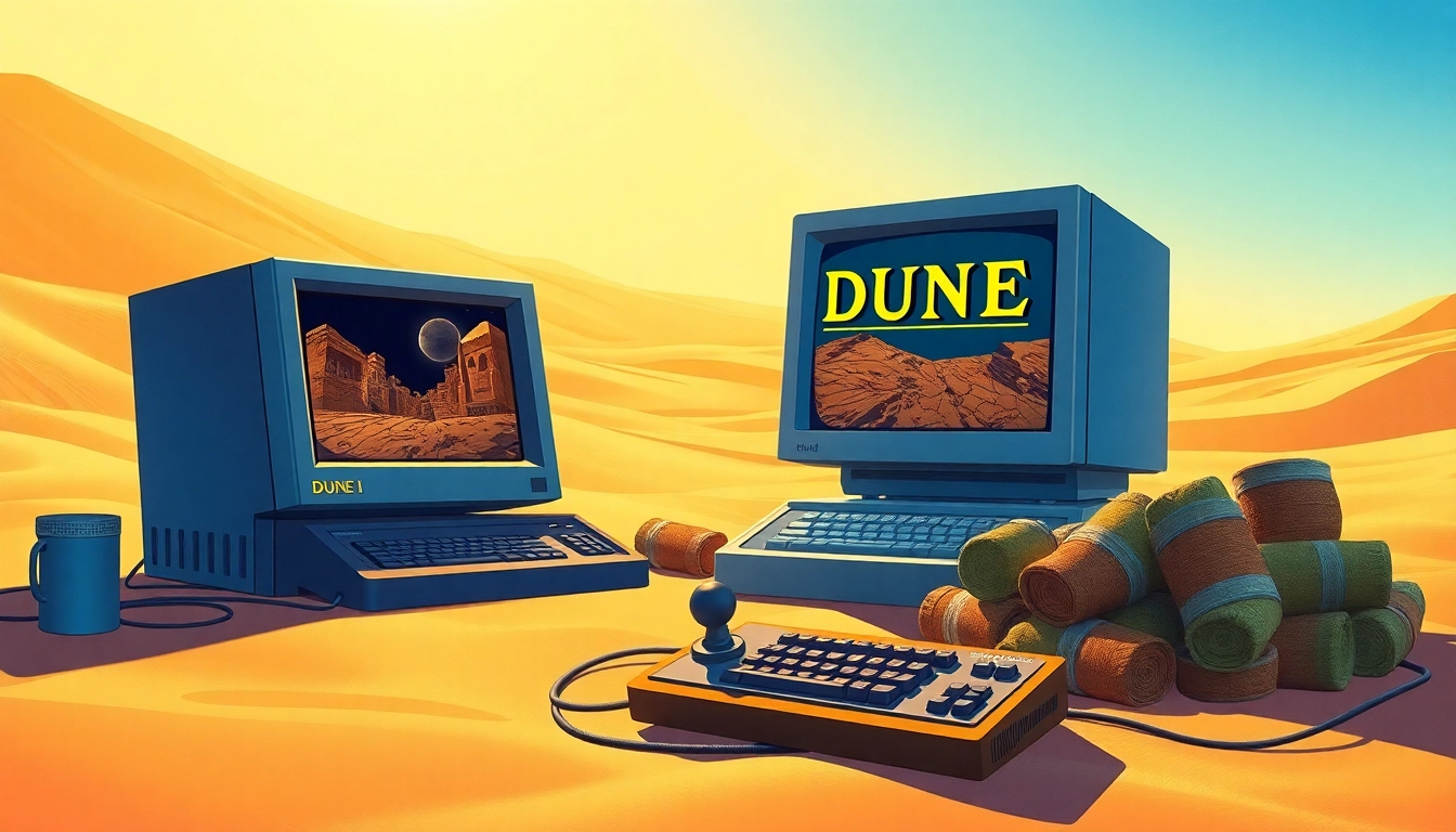 Download Dune 2 download showing a nostalgic gaming setup with a vintage computer and spice containers.