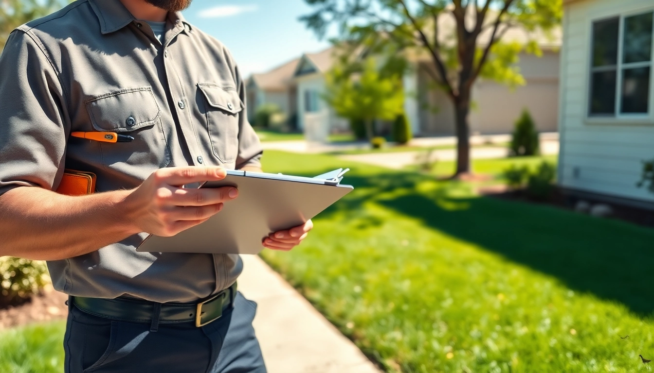 Pest control technician inspecting a residential property for ant infestation.