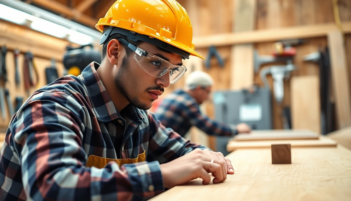 Carpentry apprenticeship near me showcasing a carpenter apprentice working diligently in a well-lit workshop.