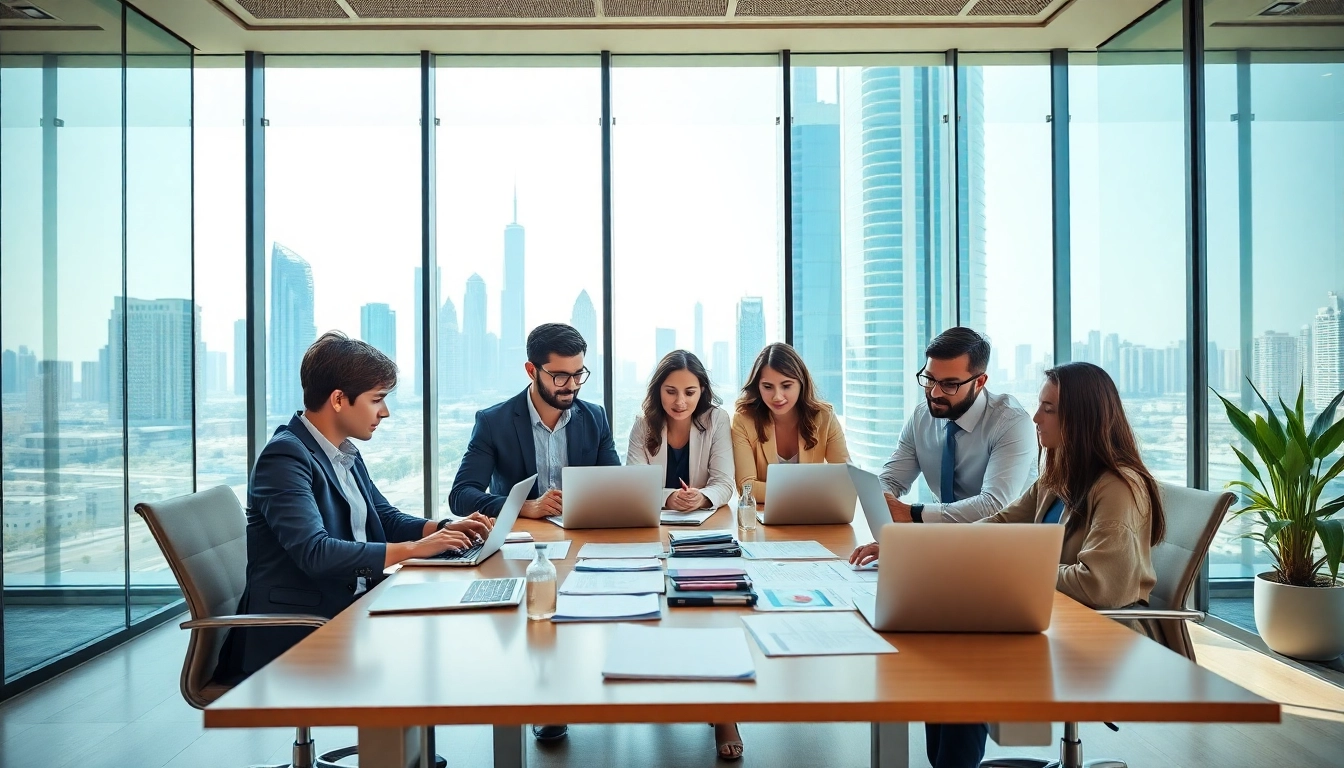 Engaged team of Quickplus Business Consultants strategizing in a bright Dubai office.