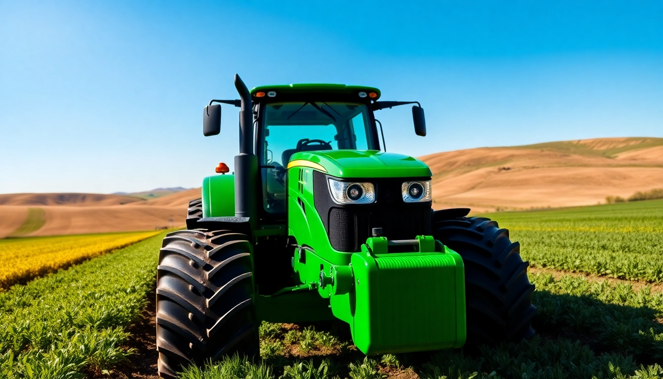 John Deere Traktor arbeitet effizient in einem weiten Feld im Sonnenschein.