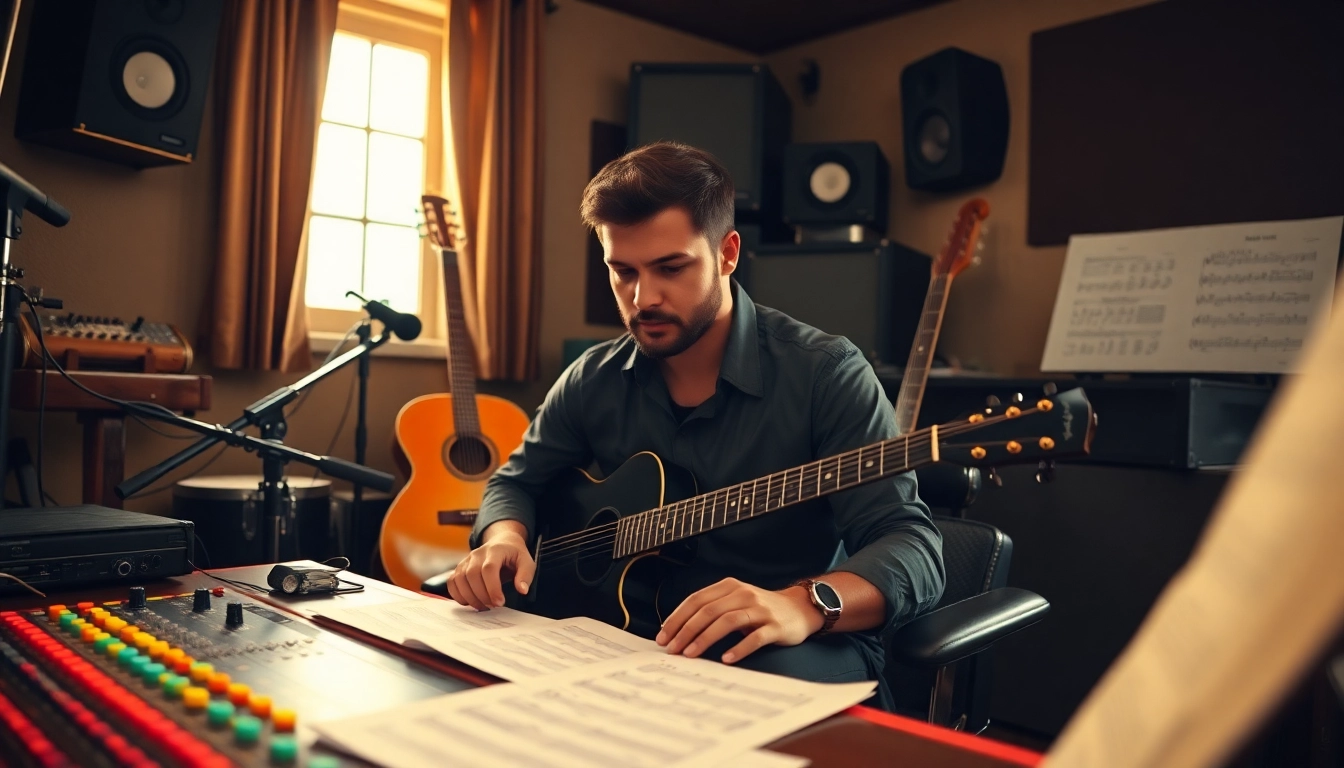 Engaging musician refining music pitching strategies in a cozy studio setting.