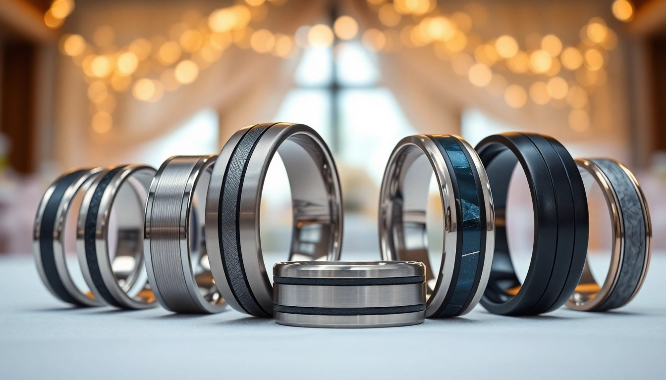 Showcase of tungsten wedding bands highlighting unique styles and finishes in a romantic setting.