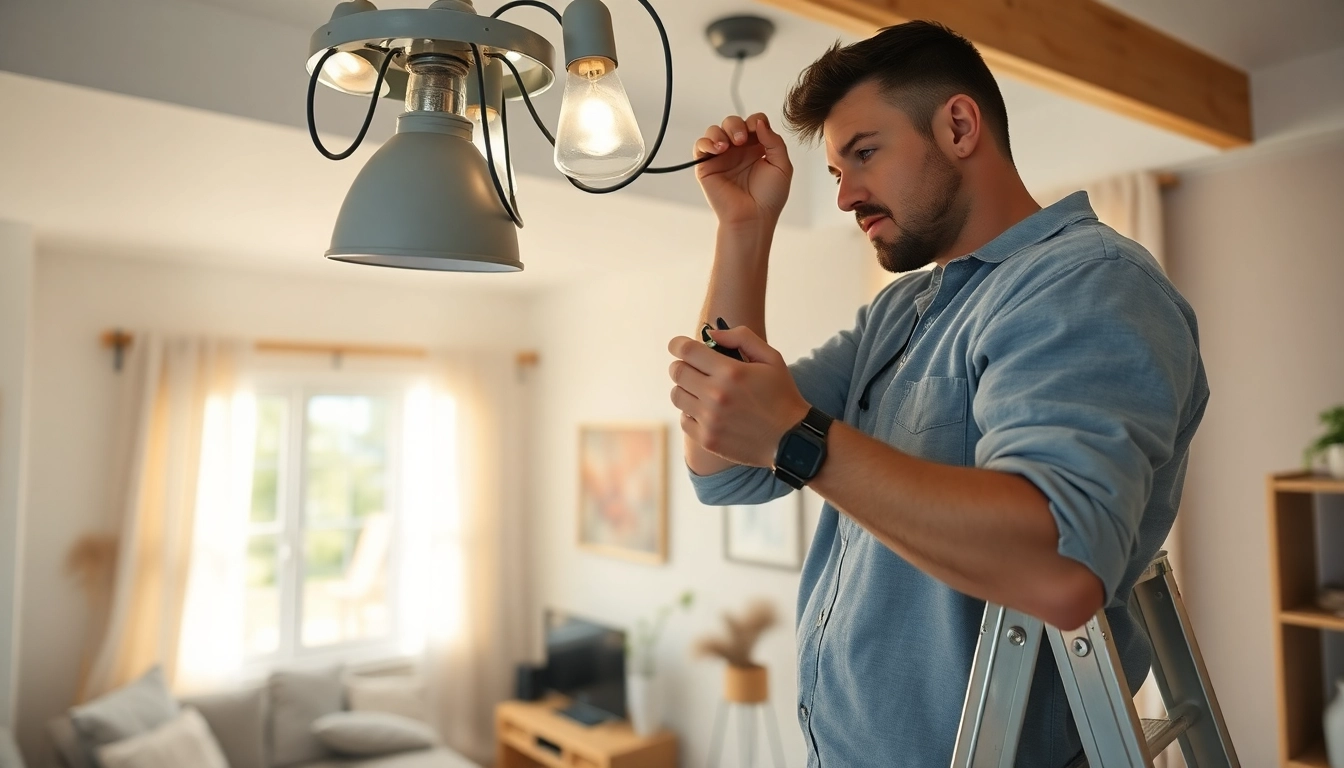 Electrician installing lighting fixtures in a cozy residential setting.