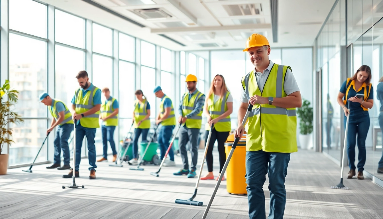 Cleaning team performing commercial cleaning Melbourne services in a bright, modern office.