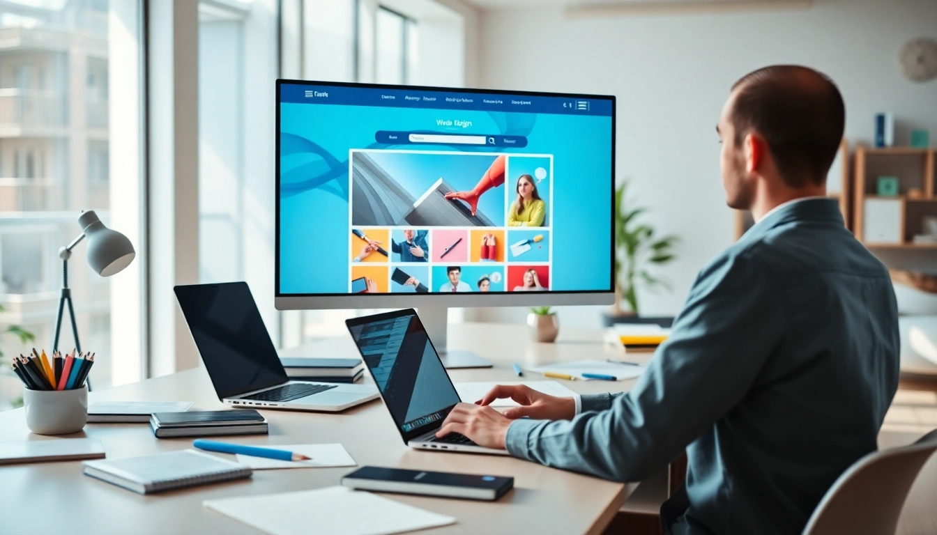 Showcase web design work in a vibrant workspace highlighting creativity and technology.