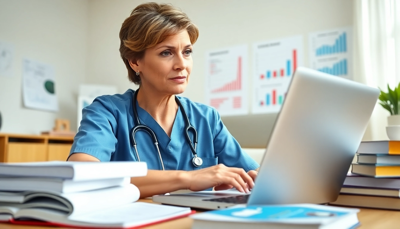 Nurse exploring rn ceus through online courses in a bright home office setting.