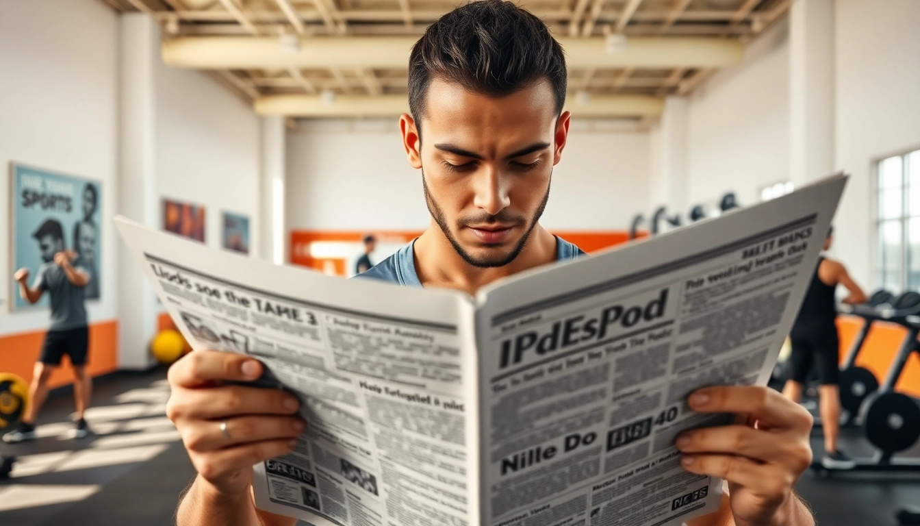 Engaged athlete newspaper reader in a vibrant gym, illustrating athlete newspaper insights.