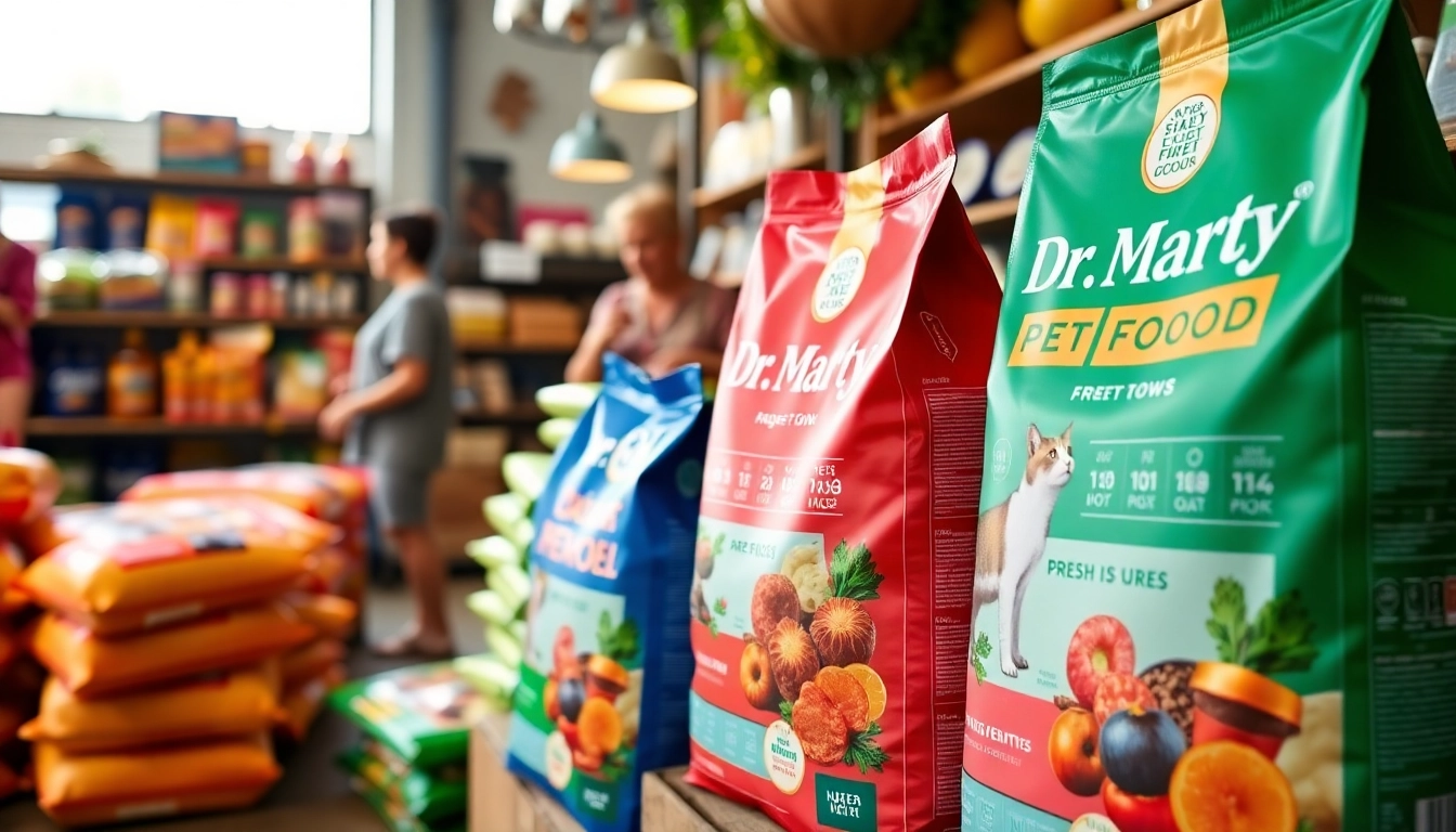 Showcase of Dr. Marty pet food Canada featuring colorful packaging in a pet store.