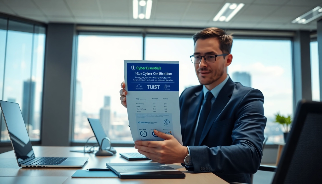 Reviewing Cyber Essentials Certification document with cybersecurity tools in a professional office.