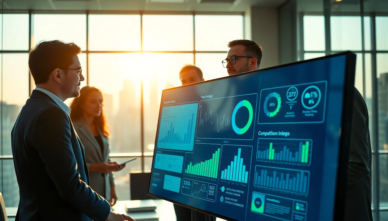 Enhancing competitive intelligence through teamwork and data analysis in a professional office environment.