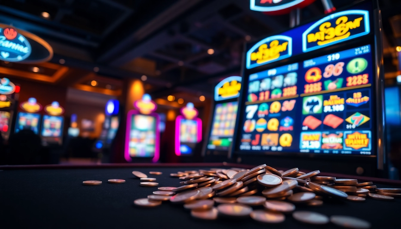 Menampilkan slot machine batman138 rtp yang bersinar dalam suasana kasino yang bersemangat.