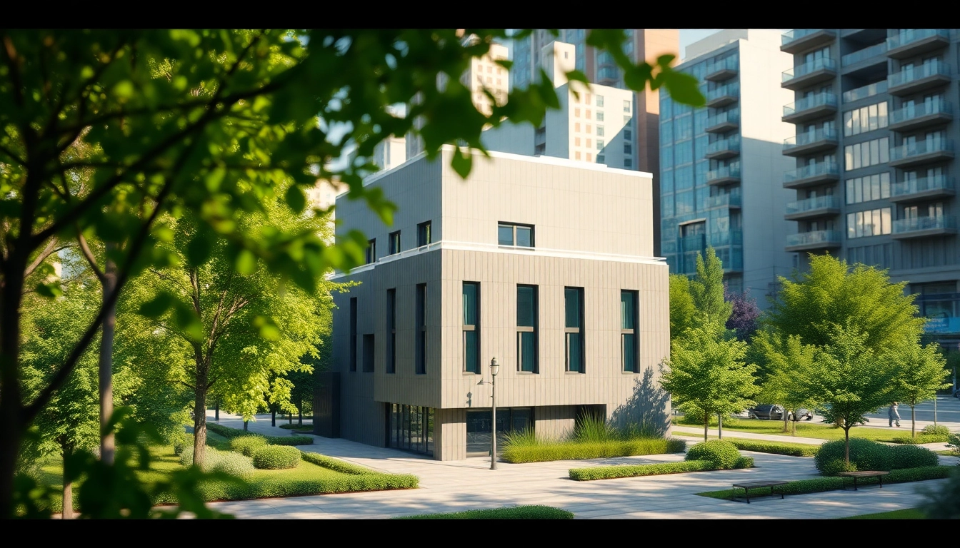 Faszinierende Visualisierung Architektur eines modernen Gebäudes mit urbanem Umfeld.