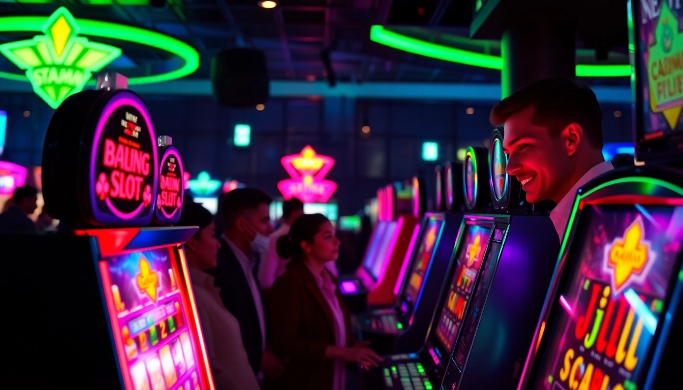 Menampilkan suasana judi slot online batman138 dengan mesin slot berwarna cerah dan pemain yang antusias.