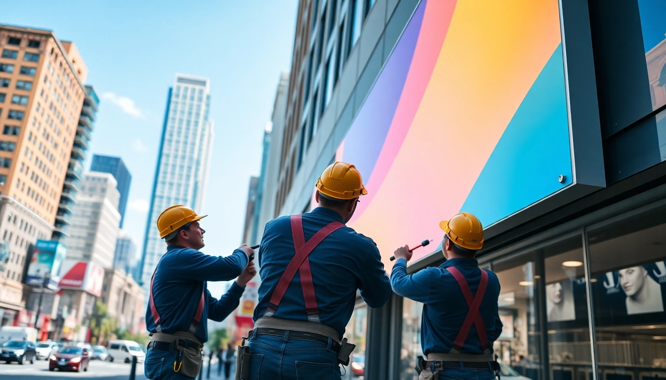 Technicians performing sign installation on a commercial building, showcasing professional teamwork.