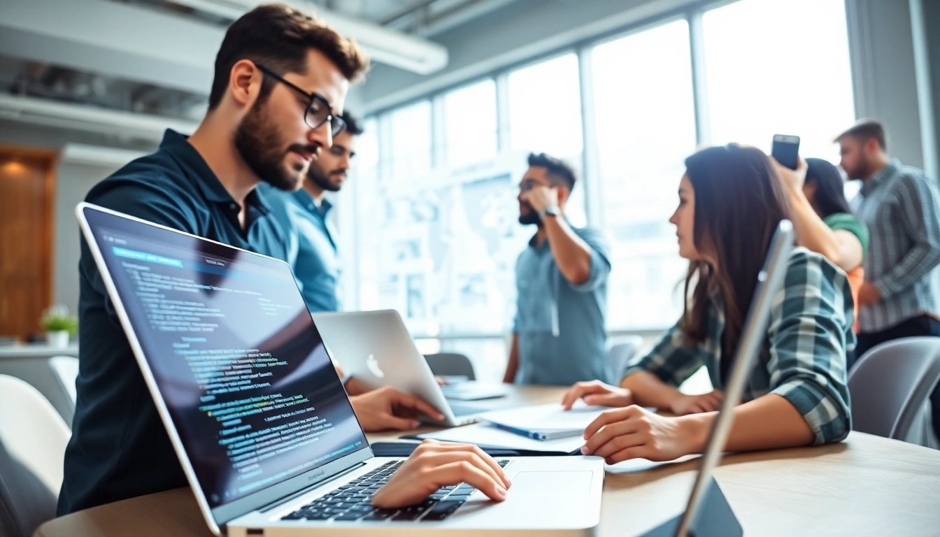 Developers engaged in collaborative web development at a modern workspace, showcasing teamwork and creativity.