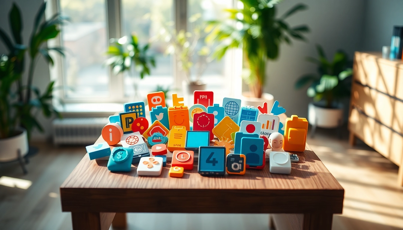 Showcase of colorful Icons arranged artistically on a wooden table, illustrating creativity.