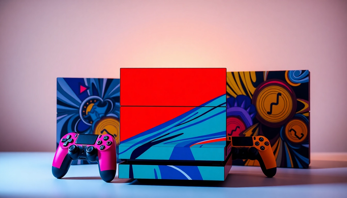 Showcase exciting ps4 skins on a stylish gaming console, emphasizing unique designs and vibrant colors.