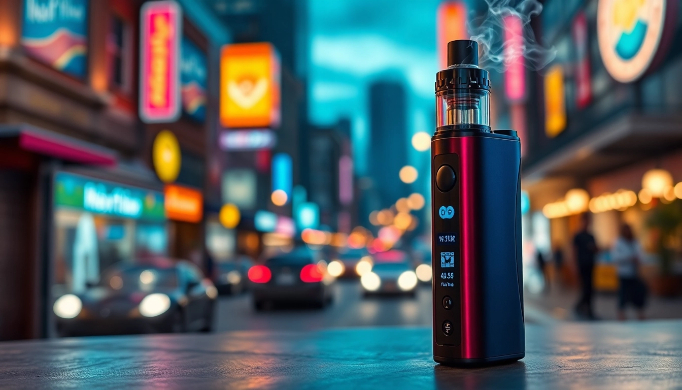 Puff vape elegantly displayed with colorful flavor options against an urban backdrop.