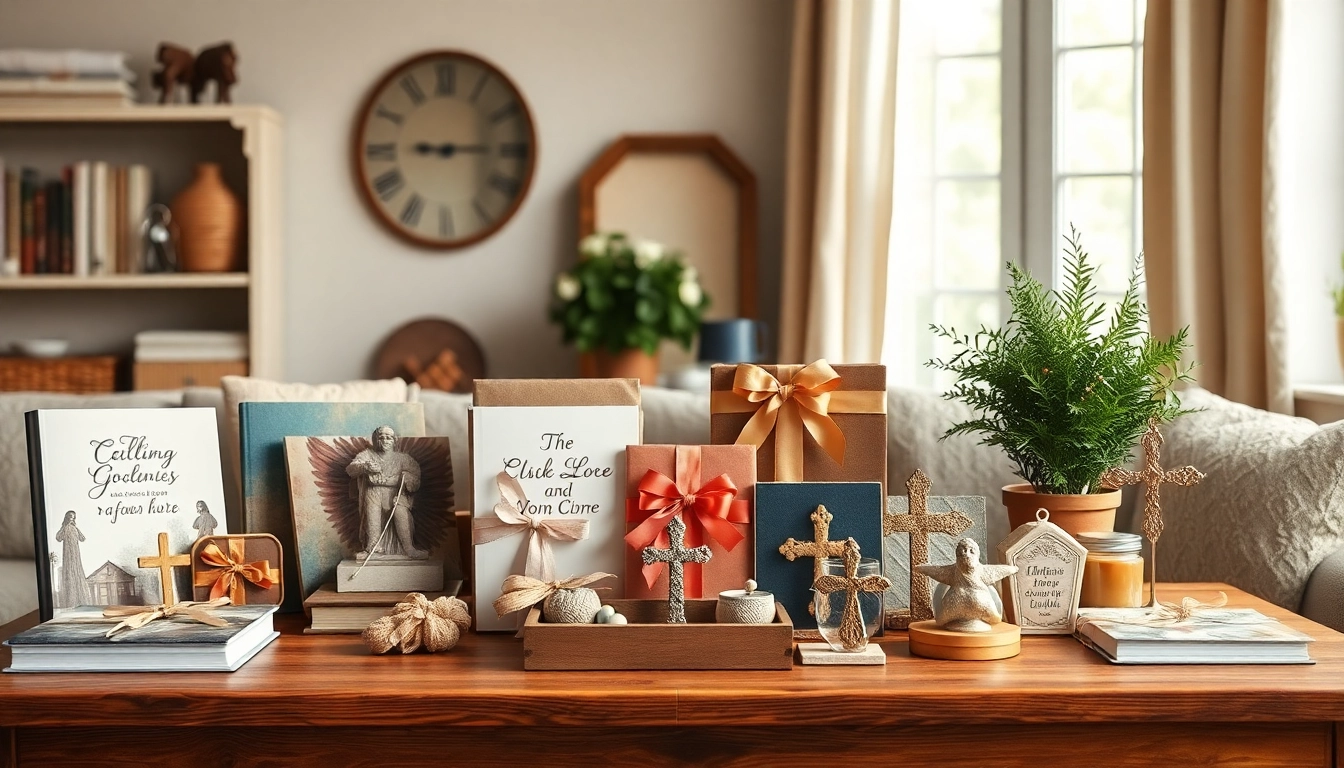Showcase delightful Christian gifts on a warm wooden table, inviting peace and inspiration.