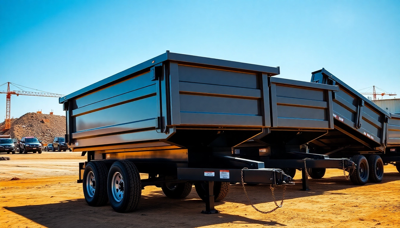 Browse hydraulic dump trailers for sale featured in a dynamic industrial setting with variations in size and design.