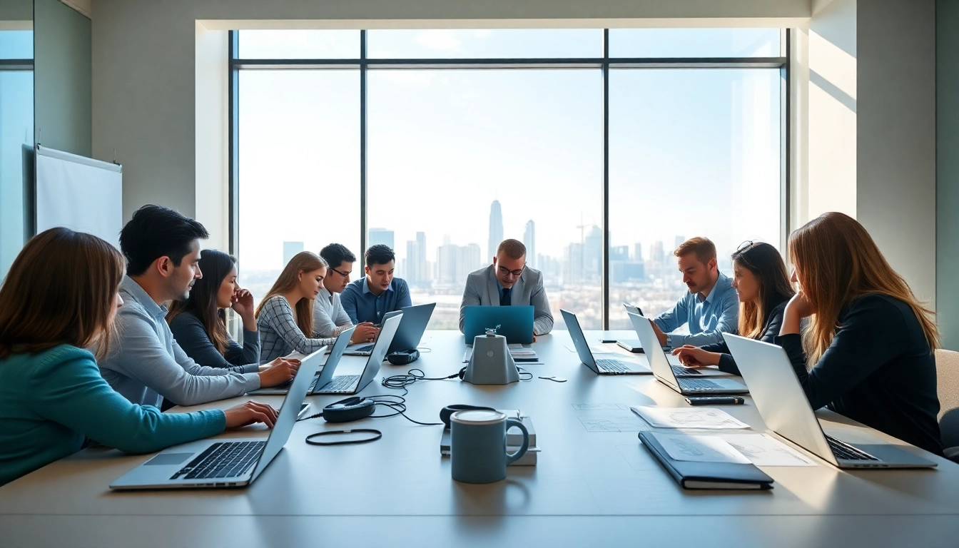 Engaged professionals collaborating in seo and web design companies around a modern conference table, showcasing creativity.