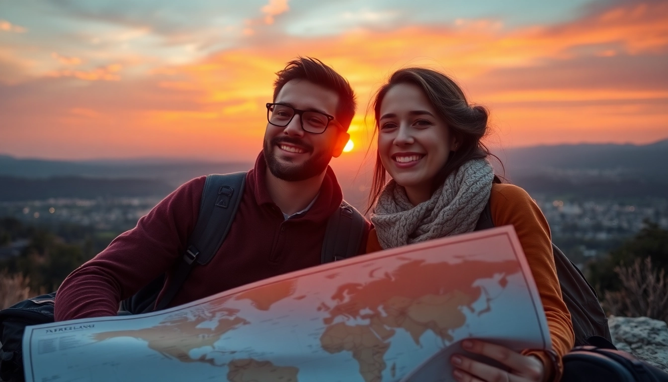 Travel couple enjoying a scenic sunset view with travel gear in the foreground.