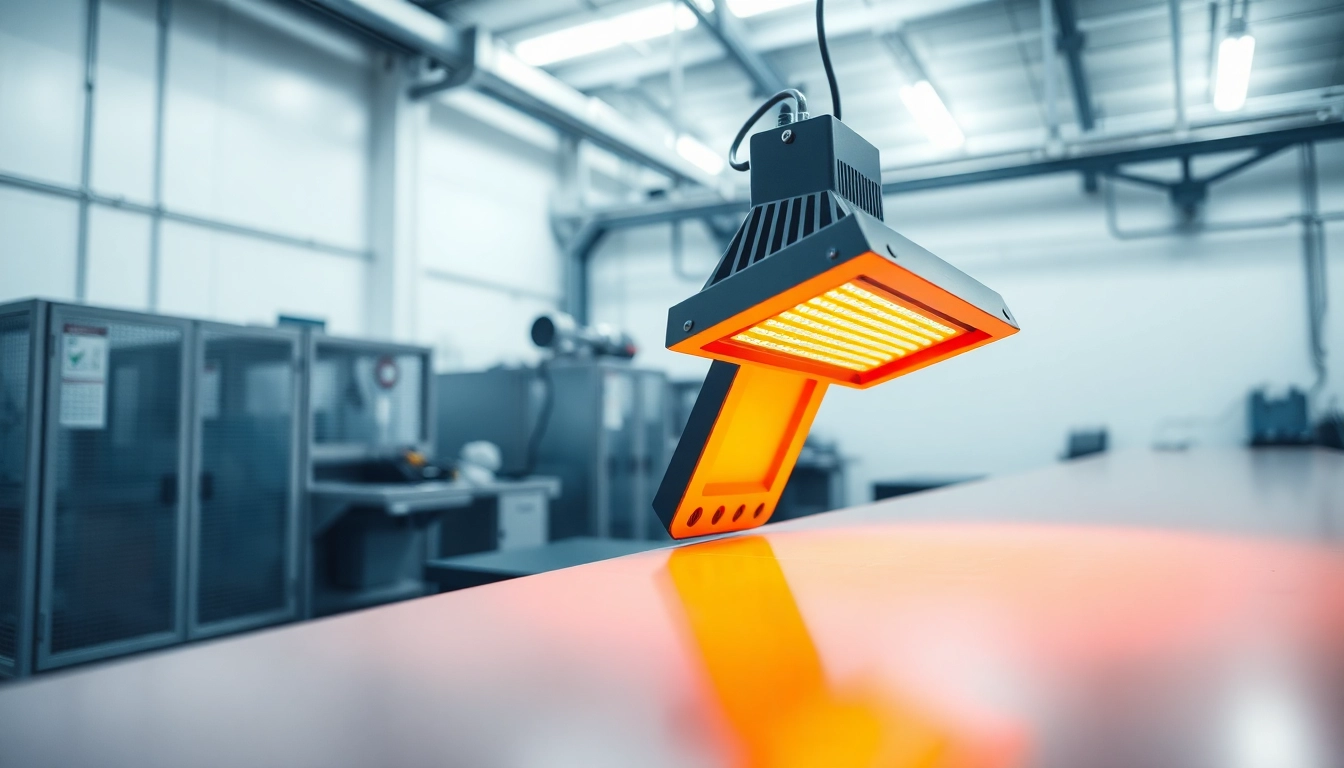 Infrared heating lamp efficiently warming surfaces in an industrial workspace with sleek design.
