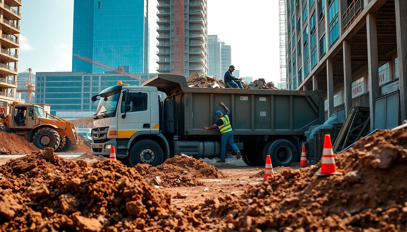 Kontener na gruz Katowice w trakcie załadunku przez pracowników w urbanistycznym otoczeniu.