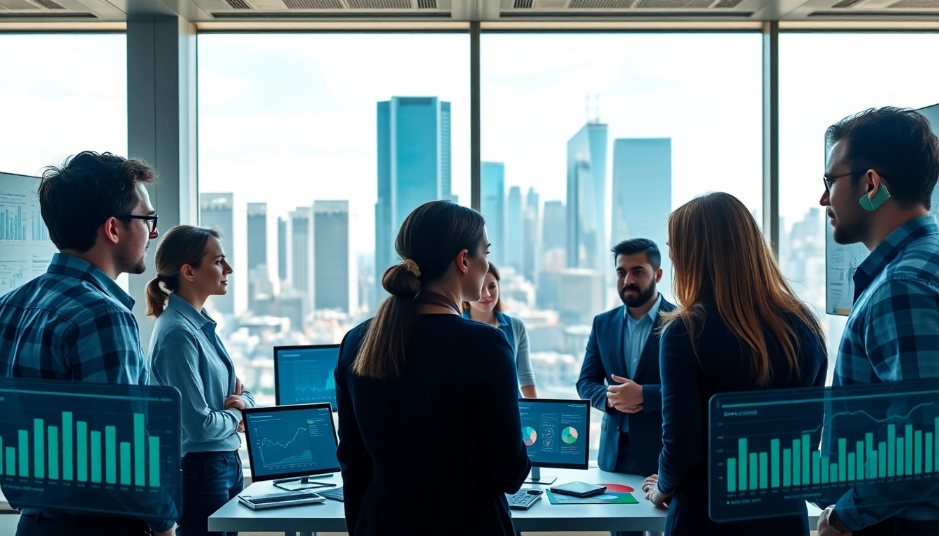 Team discussing competitive intelligence strategies in a modern office setting with data displays.